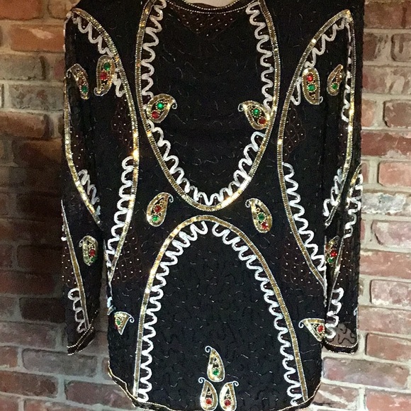 Vintage Eve’s Allure Black Sequins Jacket Sz. Med. 100% Silk - Picture 3 of 15